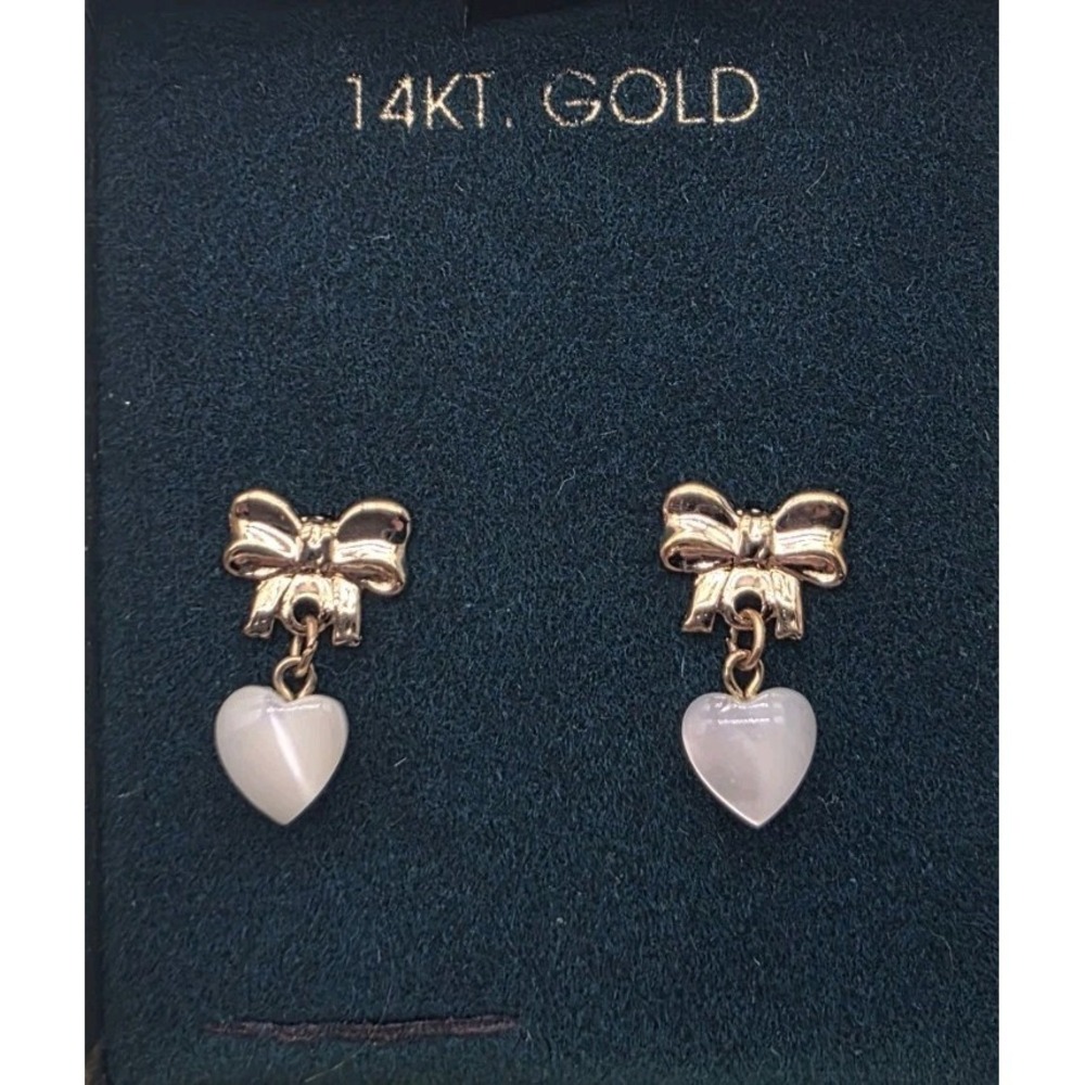 Bow Mother of Pearl Heart Earrings 14k Gold‎ Vintage